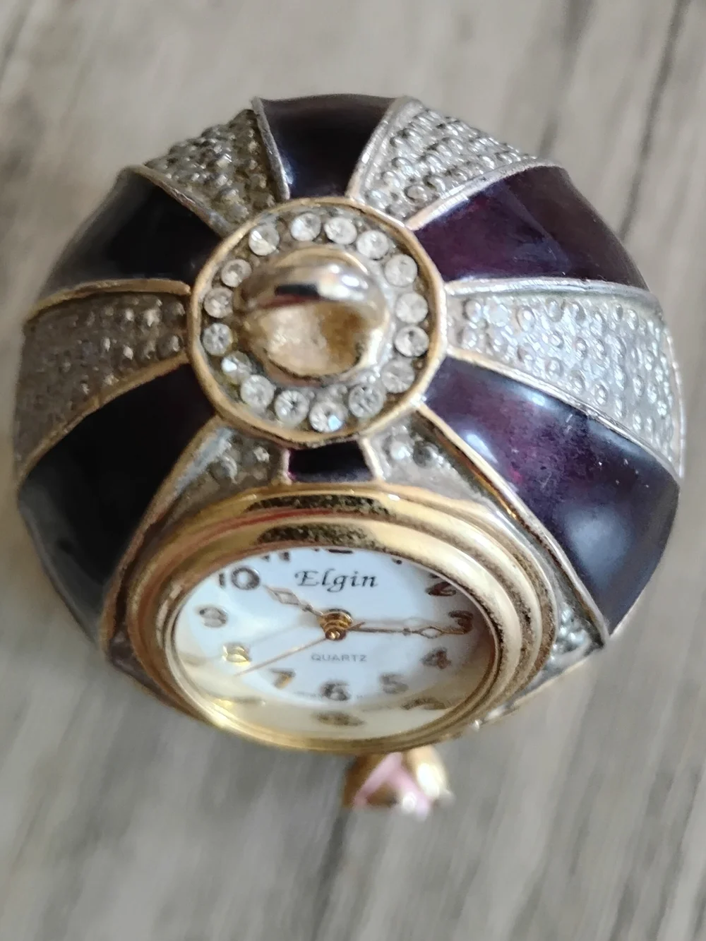 Elgin Clock Gold & Burgundy Enamel Birdcage With Green Bird On Swing Paperweight